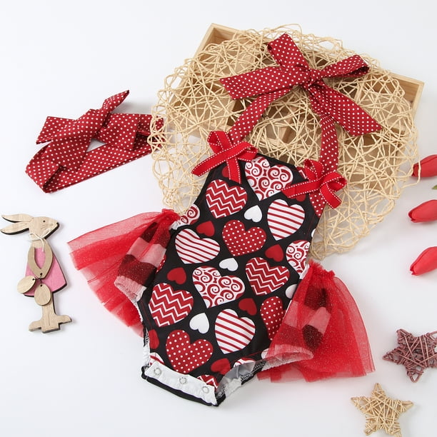 NEW Valentine/'s Day Baby Girls Heart Print Ruffle Romper Jumpsuit /& Headband